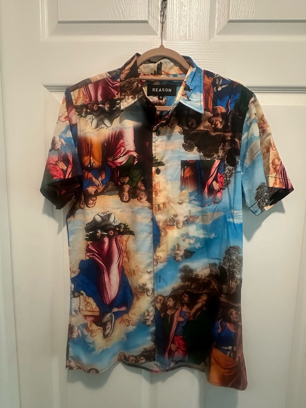 Reason Multi-Color Religious Print Short-Sleeve Button-Down Shirt